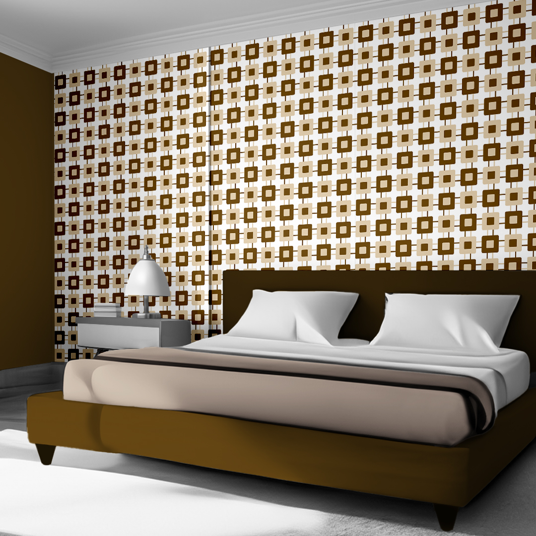 The artwork features a repeating geometric pattern of symmetrical shapes resembling elongated, curved diamonds or petals in various shades of blue and green. Each shape is split vertically with one half filled with a light blue and the other half filled with green or darker blue. The background is a light, almost pastel blue, which provides a soft yet vibrant backdrop. One of the blue shapes near the upper left contains a white starburst element, adding a focal point of brightness to the composition. The overall design conveys a modern, mid-century aesthetic with clean lines and harmonious color contrasts.